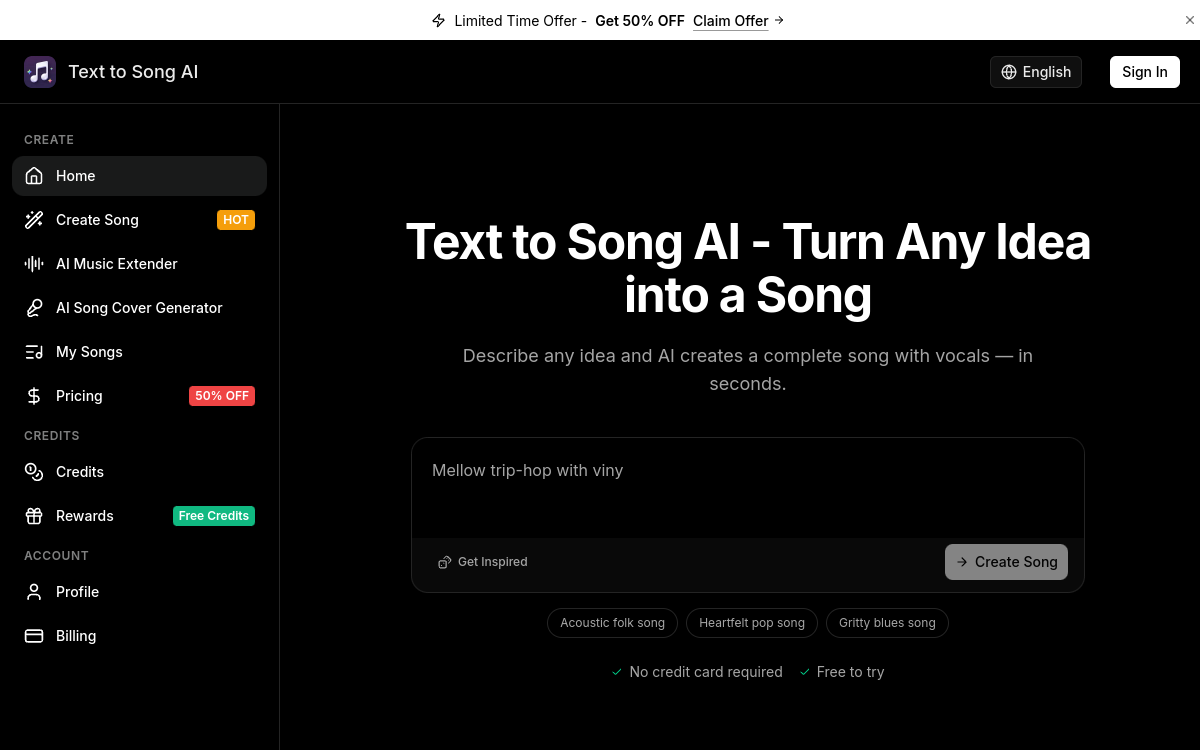 Screenshot of Text to Song AI
