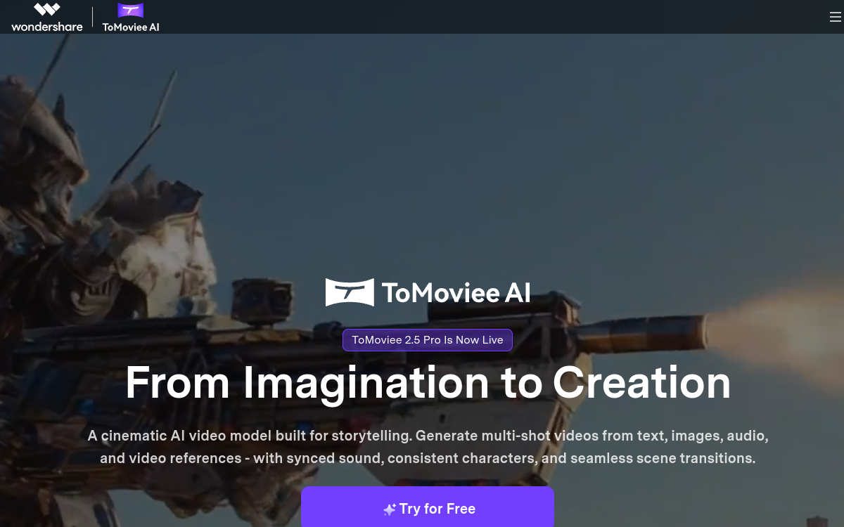 Screenshot of ToMoviee AI
