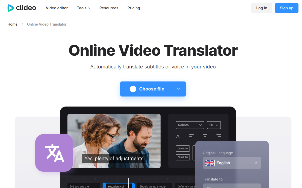 Screenshot of Clideo Video Translator