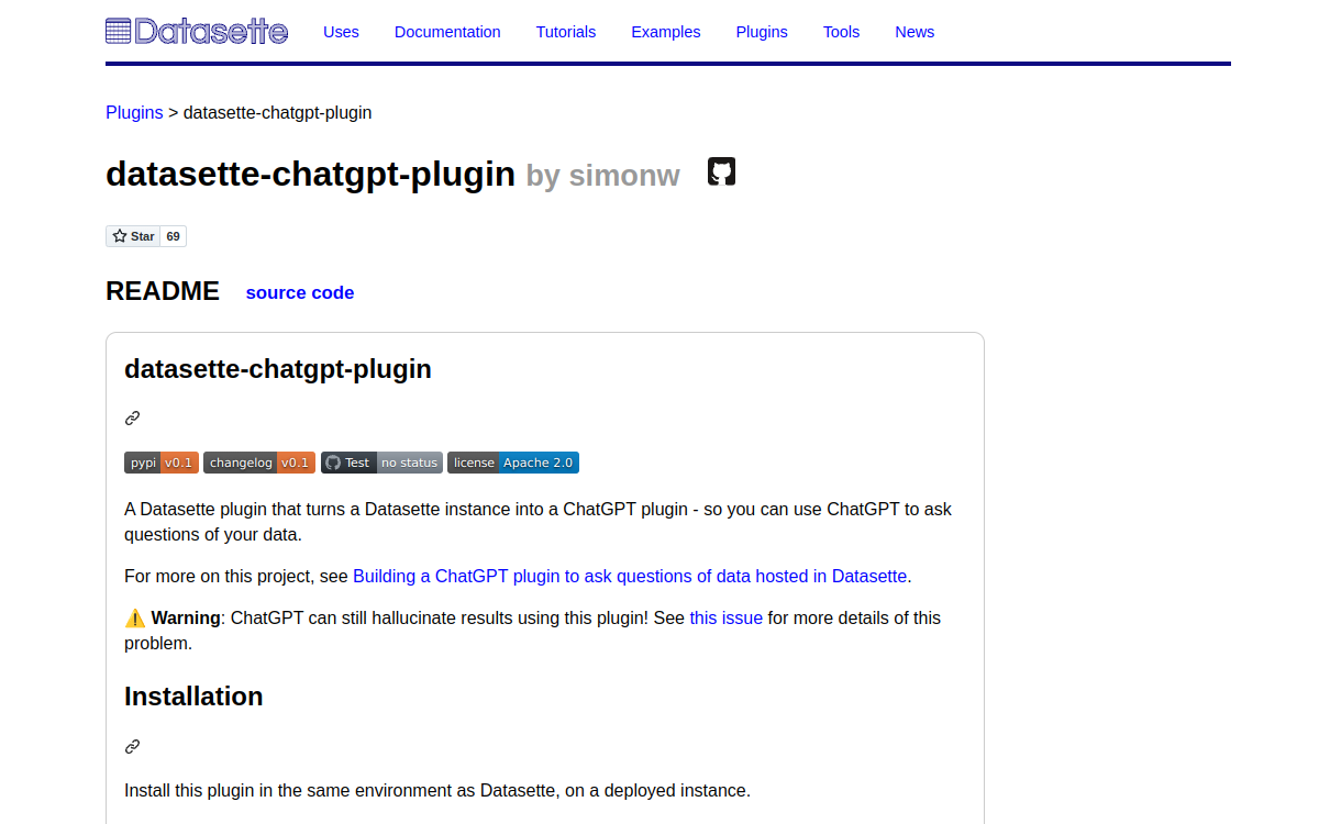 Screenshot of Datasette ChatGPT Plugin