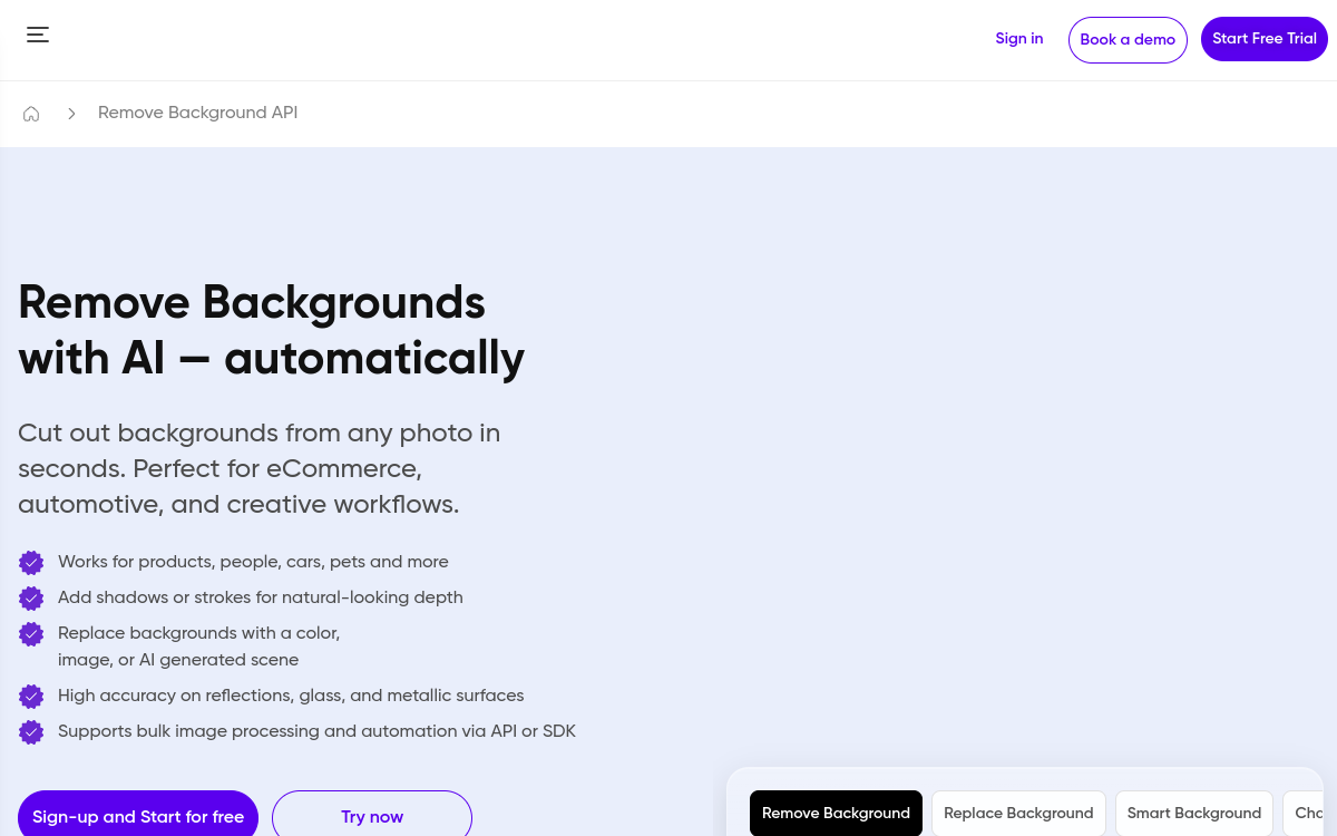 Screenshot of Picsart Remove Background API