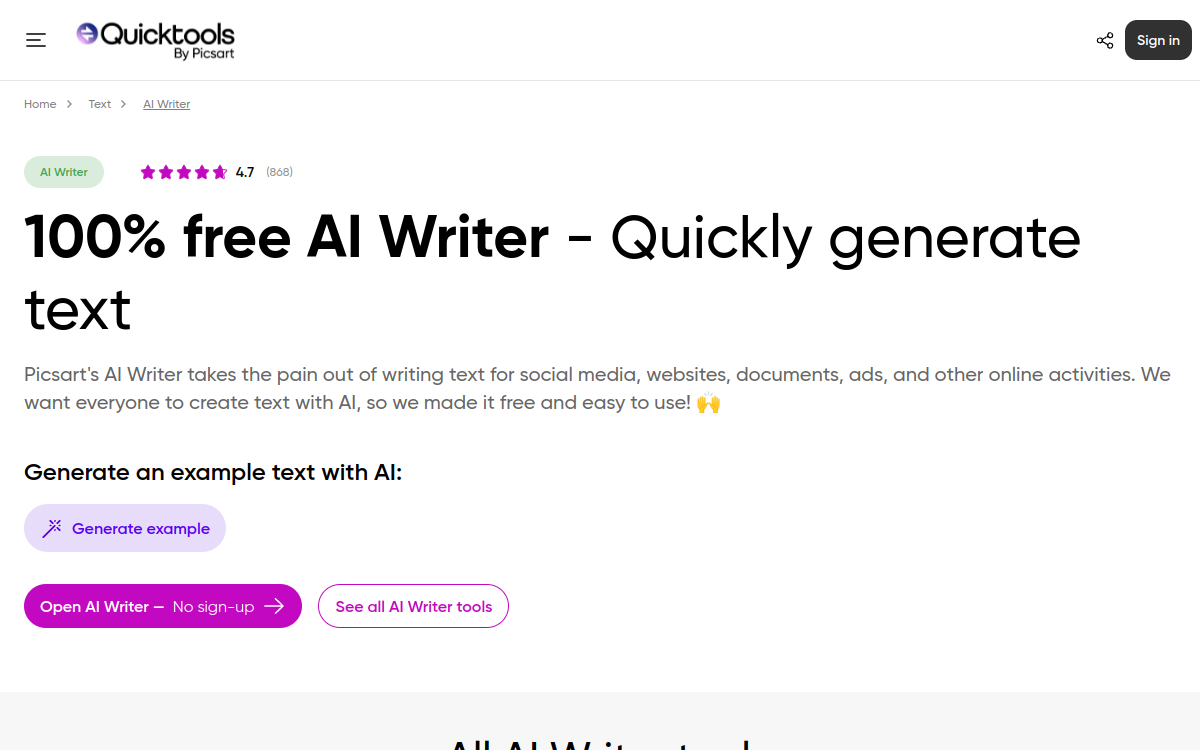 Screenshot of Picsart AI Writer