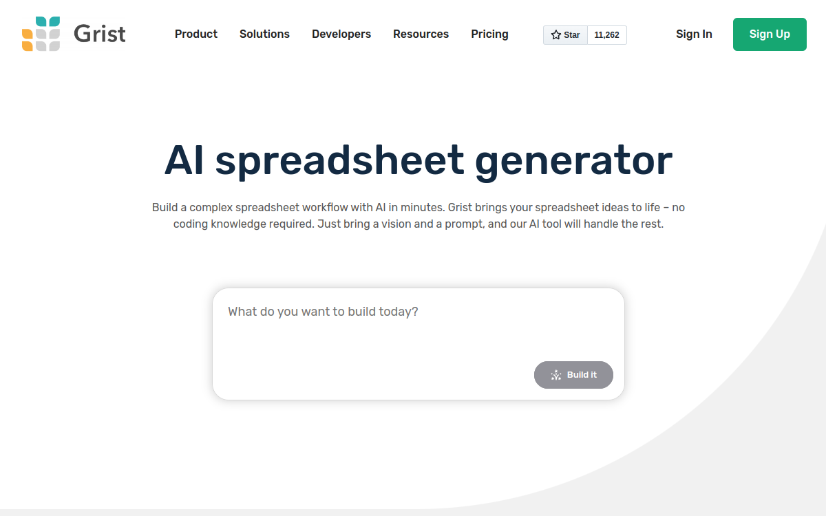 Screenshot of Grist AI Spreadsheet Generator