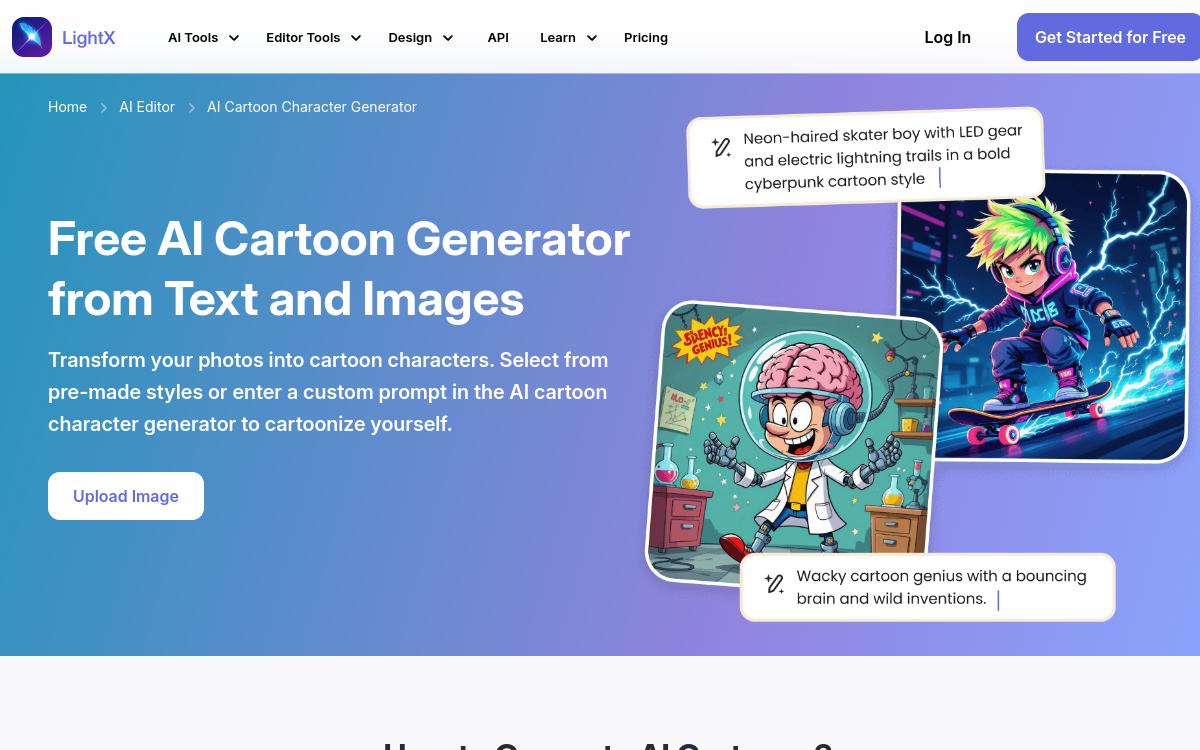 Screenshot of LightX AI Cartoon Generator