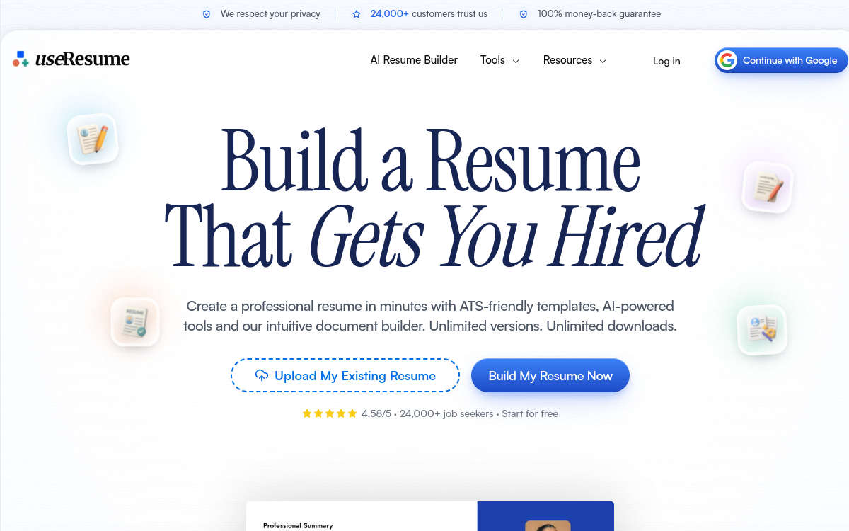 Screenshot of UseResume AI