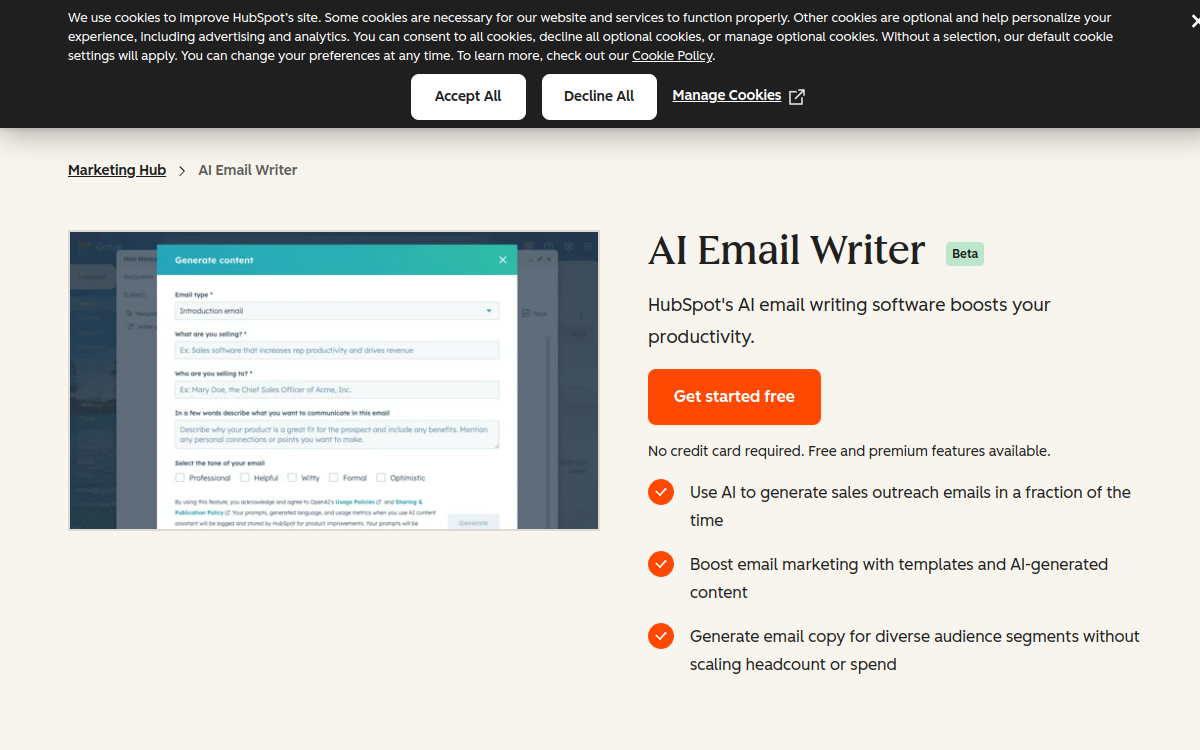 Screenshot of HubSpot AI Email Writer