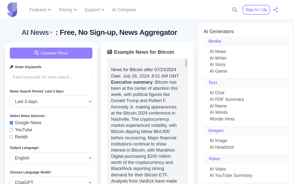 Screenshot of GizAI AI for News