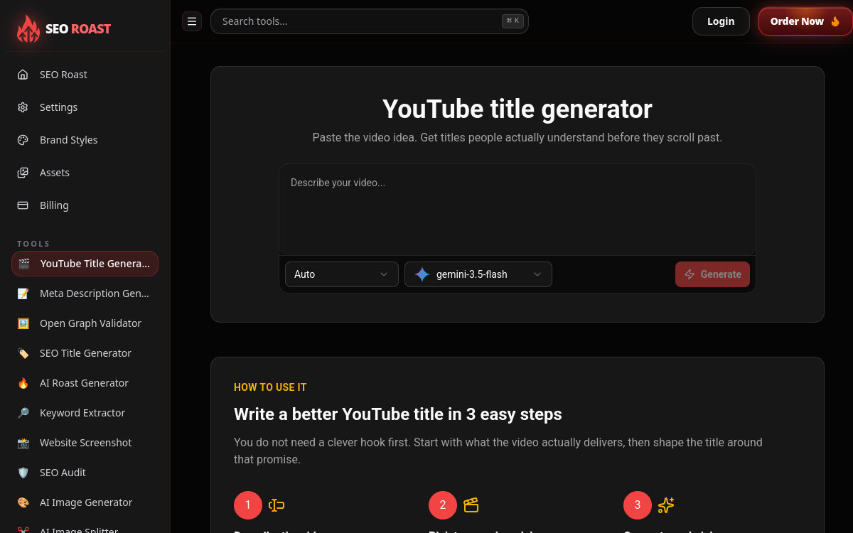Screenshot of YouTube Title Generator (SEORoast)