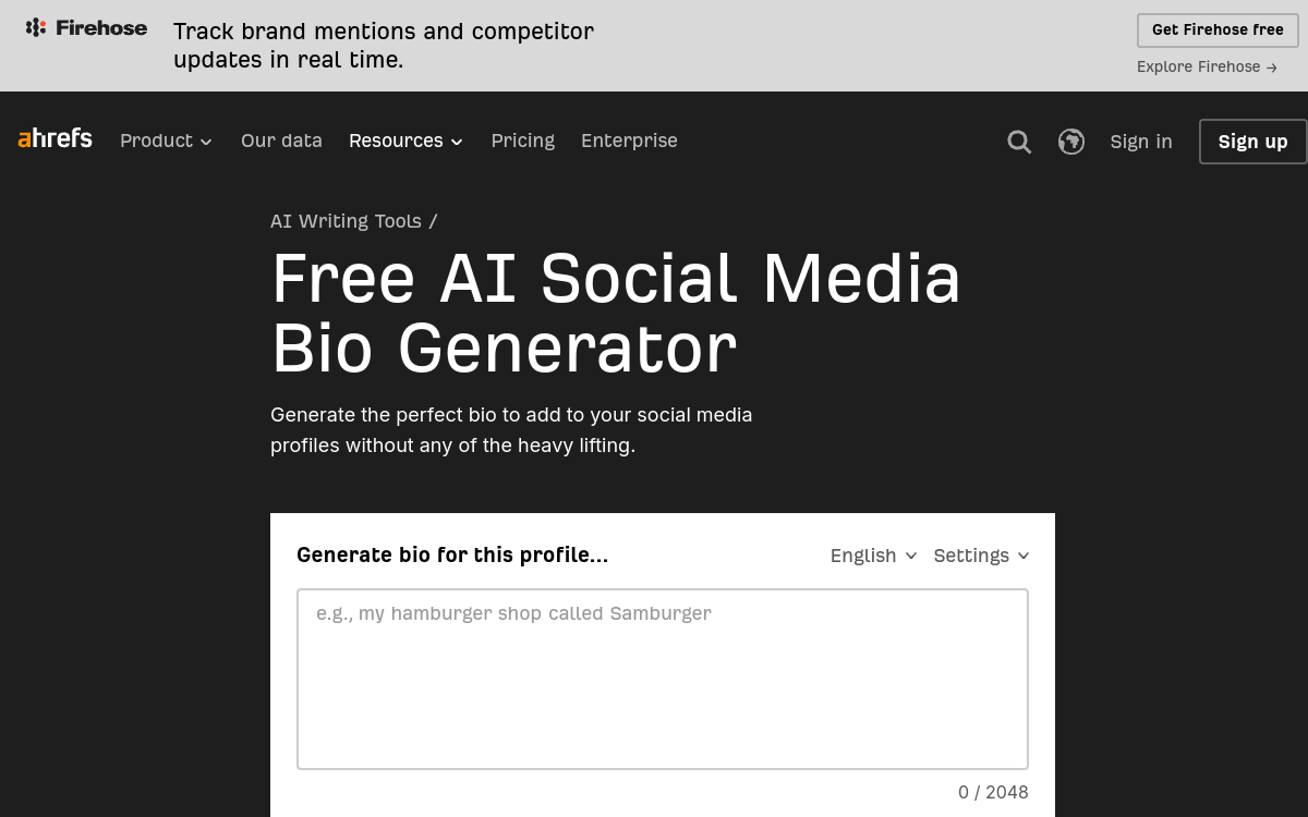 Screenshot of Ahrefs AI Bio Generator